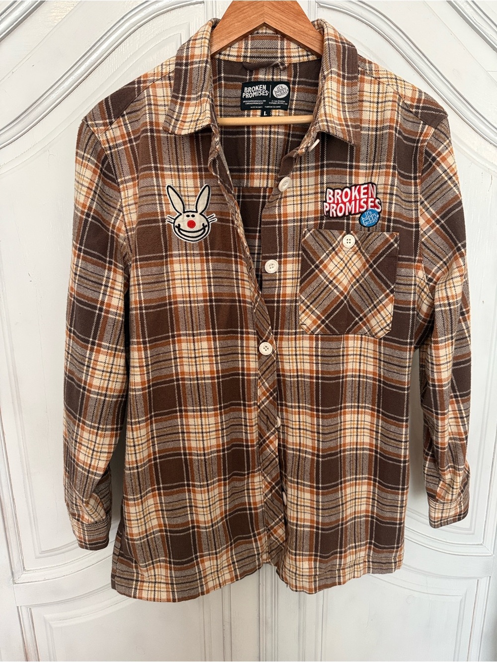 Broken Promises x Happy Bunny Plaid Flannel Shacket Shirt Y2K Grunge Skater L